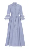 Carolina Herrera Stripe Tiered Ruffle Sleeve Belted Poplin Shirtdress In White