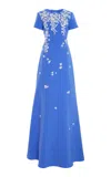 Carolina Herrera Embroidered Crepe Gown In Blue