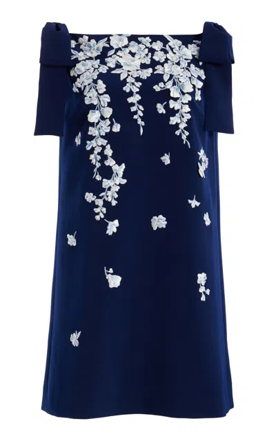 Carolina Herrera Embroidered Crepe Mini Shift Dress In Blue
