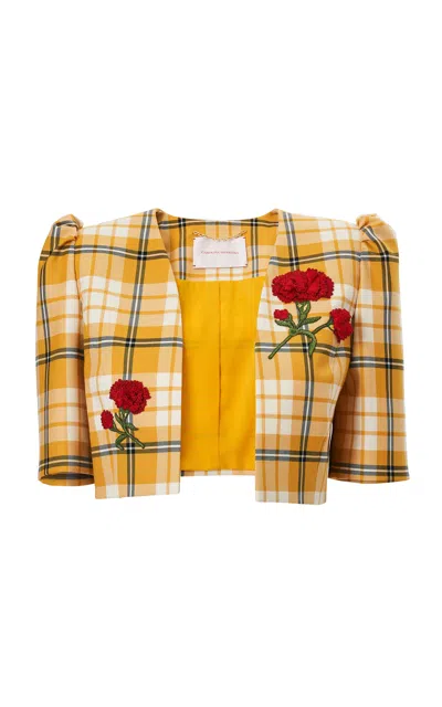 Carolina Herrera Embroidered Cropped Check Plaid Stretch-wool Jacket In Multi