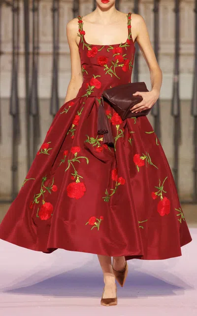 Carolina Herrera Embroidered Drop-waist Silk Faille Dress In Red