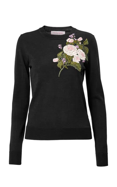 Carolina Herrera Embroidered Extra Fine Wool Knit Sweater In Black