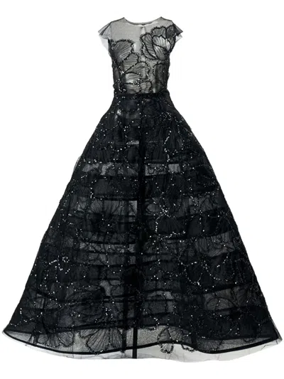 Carolina Herrera Embroidered Floral Gown In Black