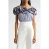 Carolina Herrera Ruffled Off-the-shoulder Striped Cotton-poplin Top In Blue