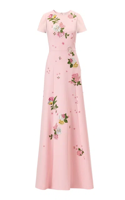 Carolina Herrera Embroidered Fluid Crepe Gown In Pink