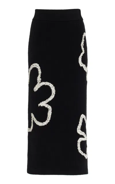 Carolina Herrera Embroidered Knit Wool-cashmere Midi Skirt In Black,white