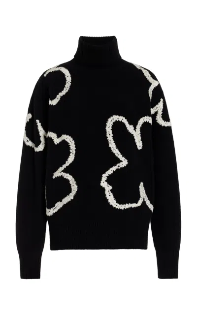 Carolina Herrera Embroidered Knit Wool-cashmere Sweater In Black,white