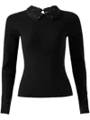 Carolina Herrera Removable Lace Collar Long-sleeve Rib Sweater In Black