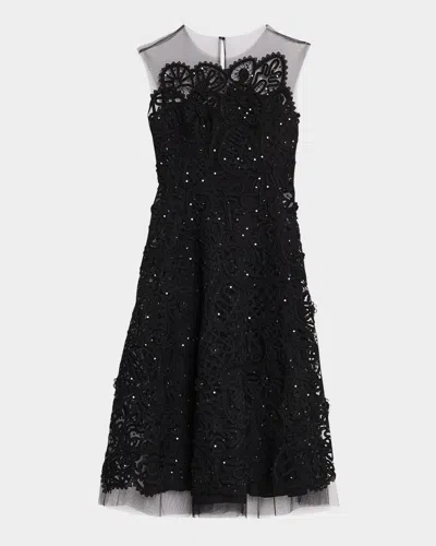Carolina Herrera Embroidered Lace Sleeveless Midi Dress In Black