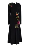 Carolina Herrera Embroidered Merino Wool-silk Midi Dress In Black