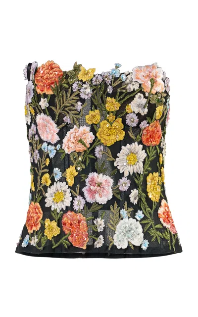 Carolina Herrera Embroidered Nylon Tulle Crop Top In Black