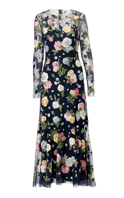Carolina Herrera Embroidered Nylon Tulle Midi Dress In Blue