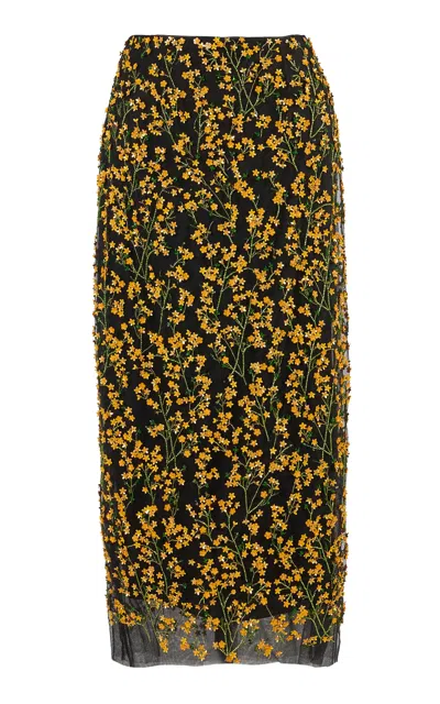 Carolina Herrera Embroidered Nylon Tulle Pencil Skirt In Yellow