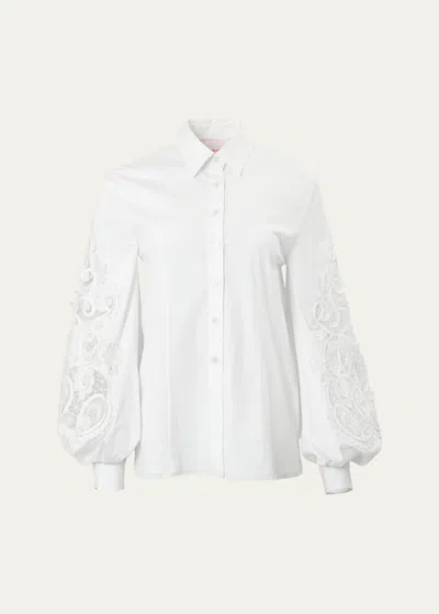 Carolina Herrera Embroidered Puff-sleeve Button-front Blouse In White