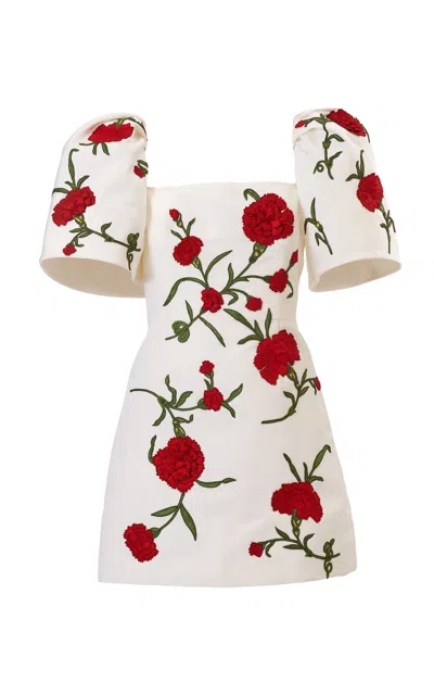Carolina Herrera Embroidered Puff-sleeve Silk Faille Mini Dress In White