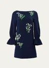 CAROLINA HERRERA EMBROIDERED SHIFT DRESS WITH FLUTTER SLEEVES