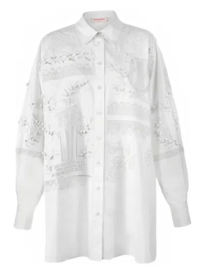 Carolina Herrera Oversized Embroidered Brushed Cotton-blend Poplin Shirt In White