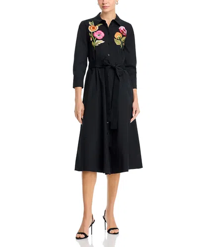 Carolina Herrera Poppy Embroidered Belted Stretch Poplin Shirtdress In Brown