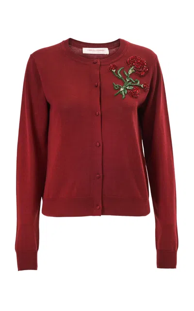 Carolina Herrera Embroidered Silk-cotton Cardigan In Red