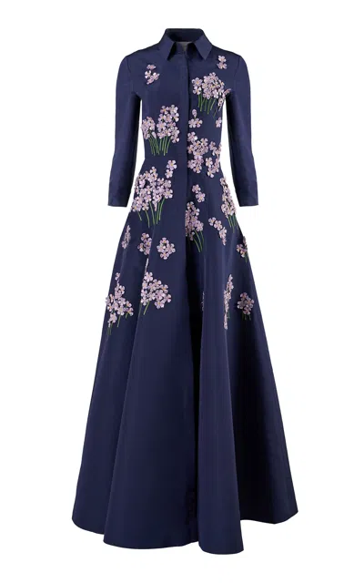 Carolina Herrera Embroidered Silk Faille Gown In Blue