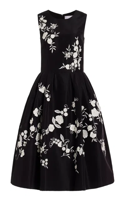 Carolina Herrera Embroidered Silk Midi Dress In Black,white