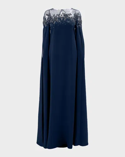 Carolina Herrera Embroidered Split-sleeve Illusion Gown In Midnight