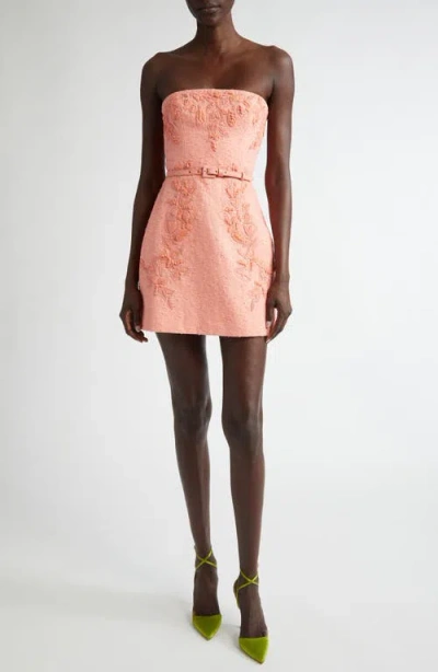 Carolina Herrera Embroidered Strapless Slub Minidress In Sunset