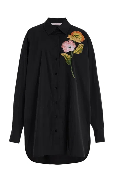 Carolina Herrera Embroidered Stretch-cotton Button-down Shirt In Black