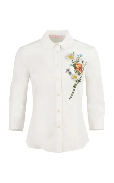 Carolina Herrera Embroidered Stretch Cotton Shirting Blouse In White