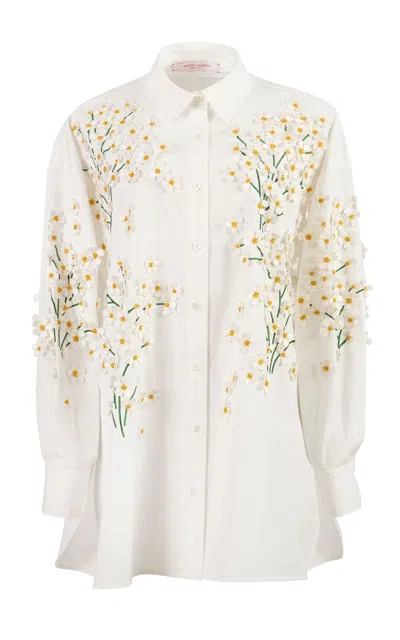 Carolina Herrera Embroidered Stretch Cotton Shirting Top In White