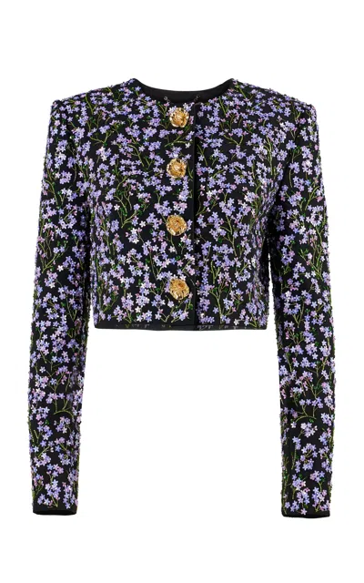 Carolina Herrera Embroidered Stretch Fluid Crepe Jacket In Purple