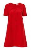 Carolina Herrera Embroidered Stretch Fluid Crepe Shift Dress In Red