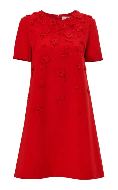 Carolina Herrera Embroidered Stretch Fluid Crepe Shift Dress In Red