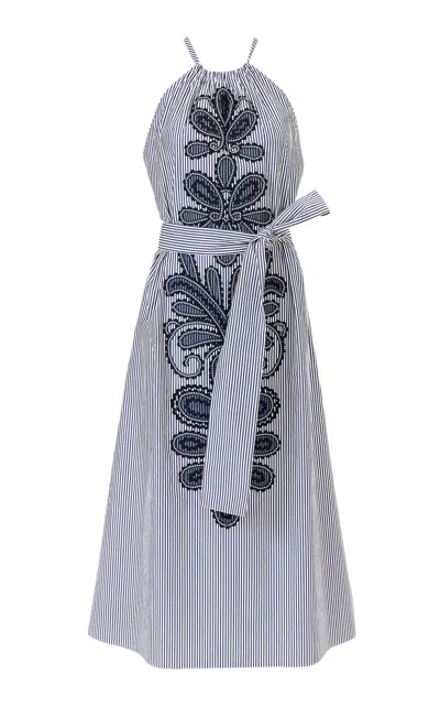 Carolina Herrera Embroidered Striped Cotton  Dress In Gray