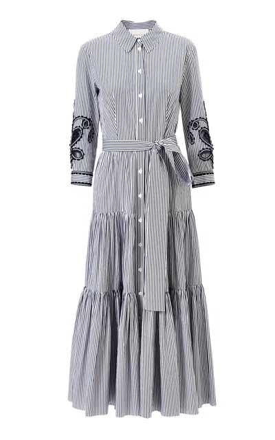 Carolina Herrera Embroidered Striped Cotton Shirt Dress In Gray