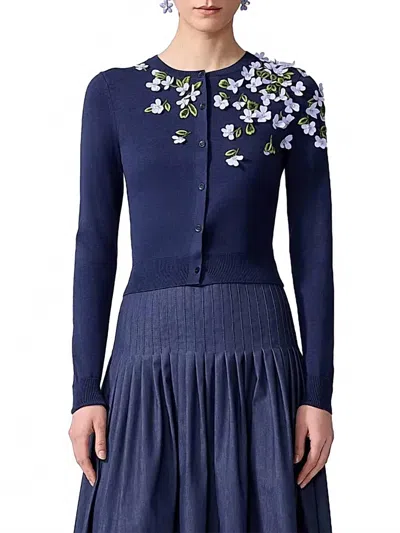 Carolina Herrera Embroidered Threadwork Cardigan In Midnight In Blue