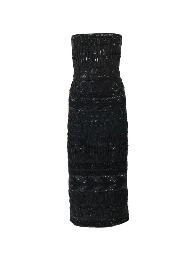 Carolina Herrera Embroidered Tulle Strapless Midi Dress In Black