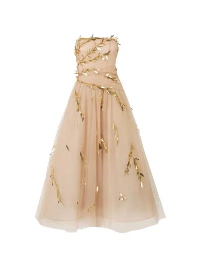 Carolina Herrera Embroidered Tulle Strapless Midi Dress In Neutral