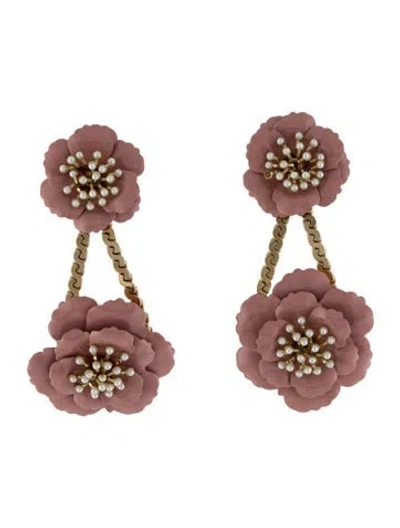 Pre-owned Carolina Herrera Enamel & Faux Pearl Flower Drop Earclip Earrings In Pink