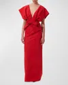 Carolina Herrera Fan Bodice Column Gown With Bow Waist Detail In Lacquer Red