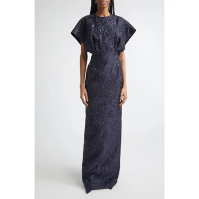 Carolina Herrera Fan Bodice Floral Metallic Jacquard Column Gown In Blue