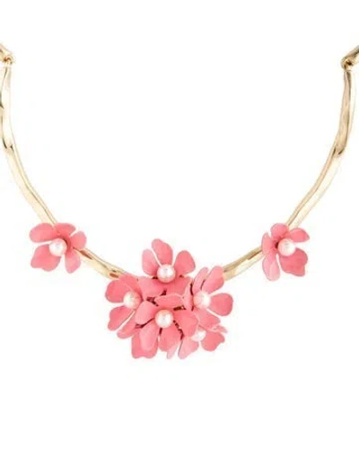 Pre-owned Carolina Herrera Faux Pearl & Enamel Flower Collar Necklace, 18.25" In Pink/white