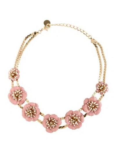 Pre-owned Carolina Herrera Faux Pearl & Enamel Flower Collar Necklace, 21" In Pink/white