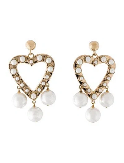 Pre-owned Carolina Herrera Faux Pearl Valentina Large Heart Drop Earrings In Multicolor