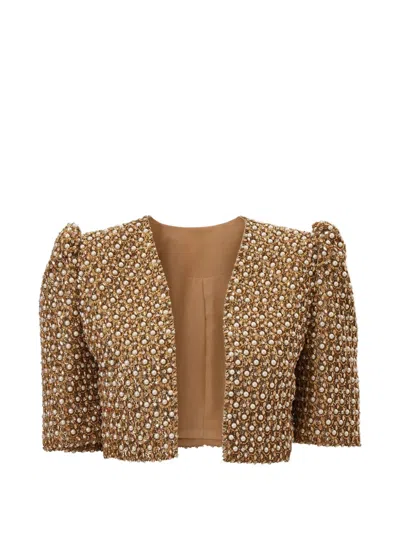 Carolina Herrera Faux-pearl Embellished Cropped Jacket In Brown