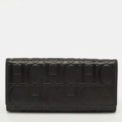 Pre-owned Carolina Herrera Flap Black Monogram Embossed Leather Continental Wallet