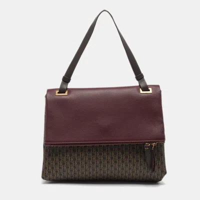 Pre-owned Carolina Herrera Flap Burgundy/brown Monogram Coated Canvas Leather Top Handle Bag