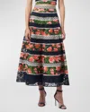CAROLINA HERRERA FLORAL AND STRIPED CIRCLE SKIRT WITH EMBROIDERED DETAIL