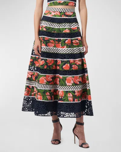 Carolina Herrera Floral And Striped Circle Skirt With Embroidered Detail In Midnight Multi