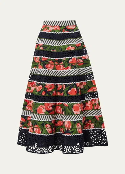 Carolina Herrera Floral And Striped Circle Skirt With Embroidered Detail In Midnight Multi